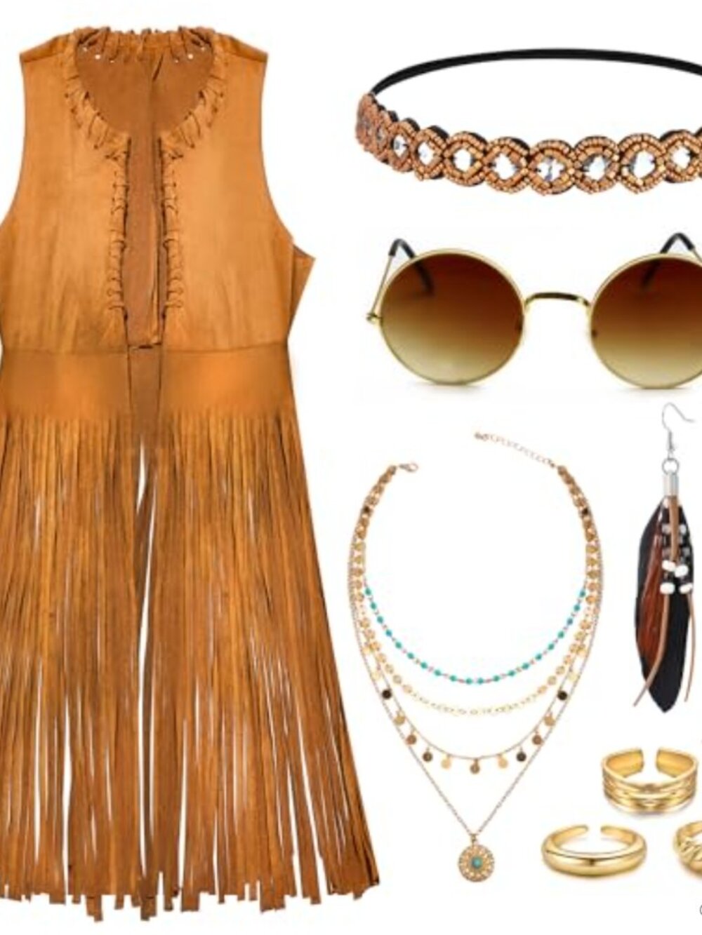 Hippie Costume Set Faux Suede Fringe Vest Boho Accessories 60s 70s Disco Outfit